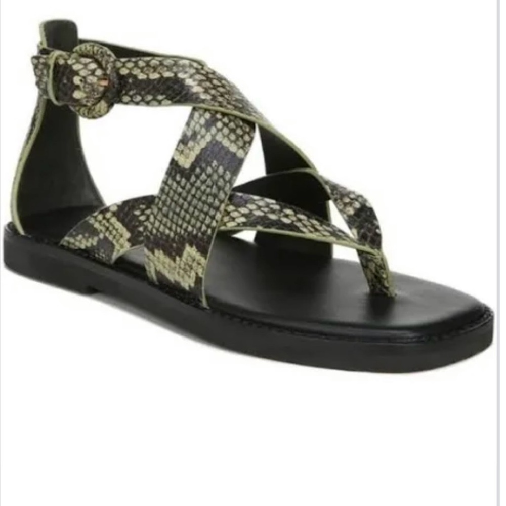 Vince Morris Leather Snake-Print Women's Sandal - Black/Olive. Size 6